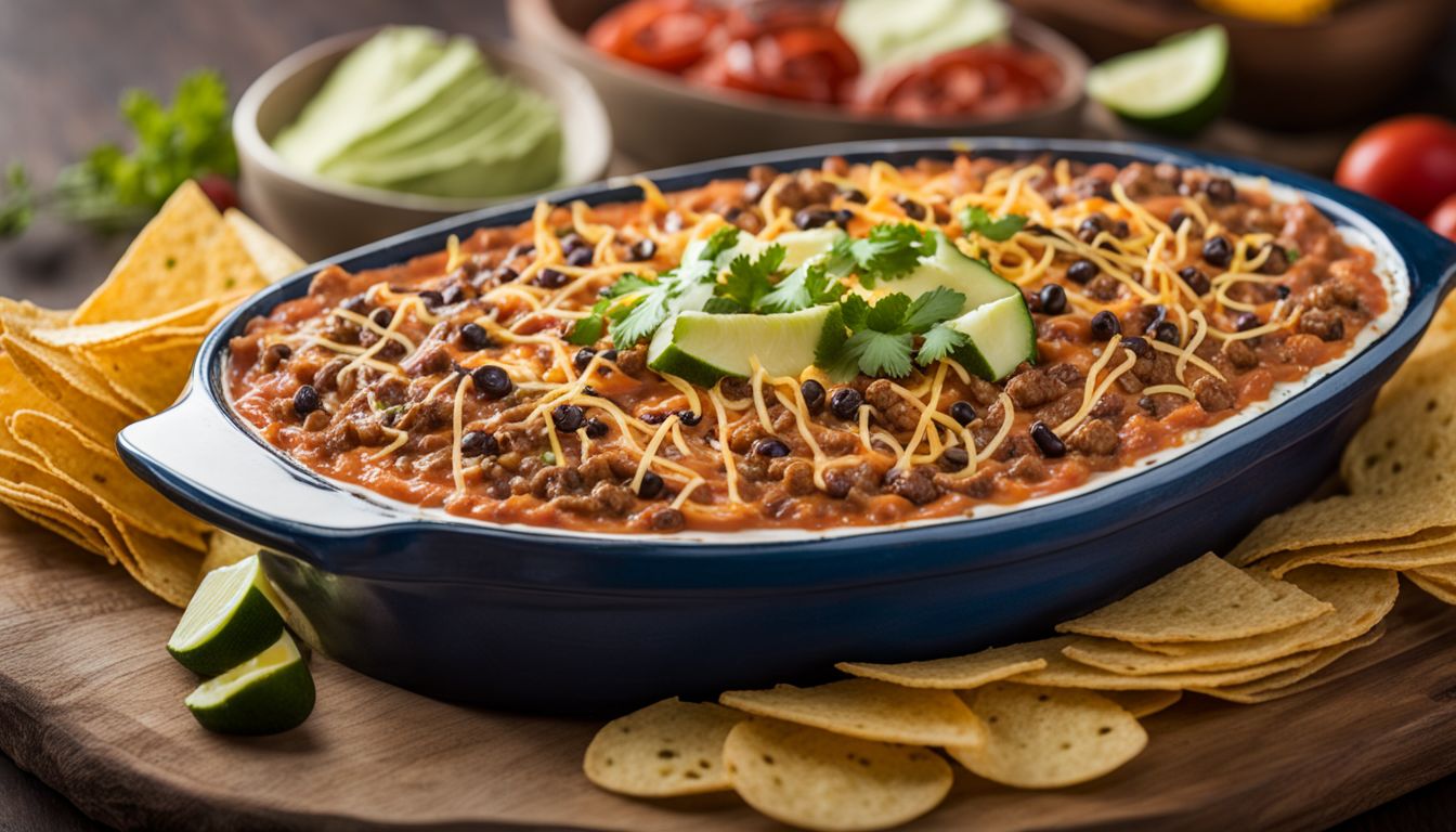 A close-up photo of a perfectly layered beef taco dip.