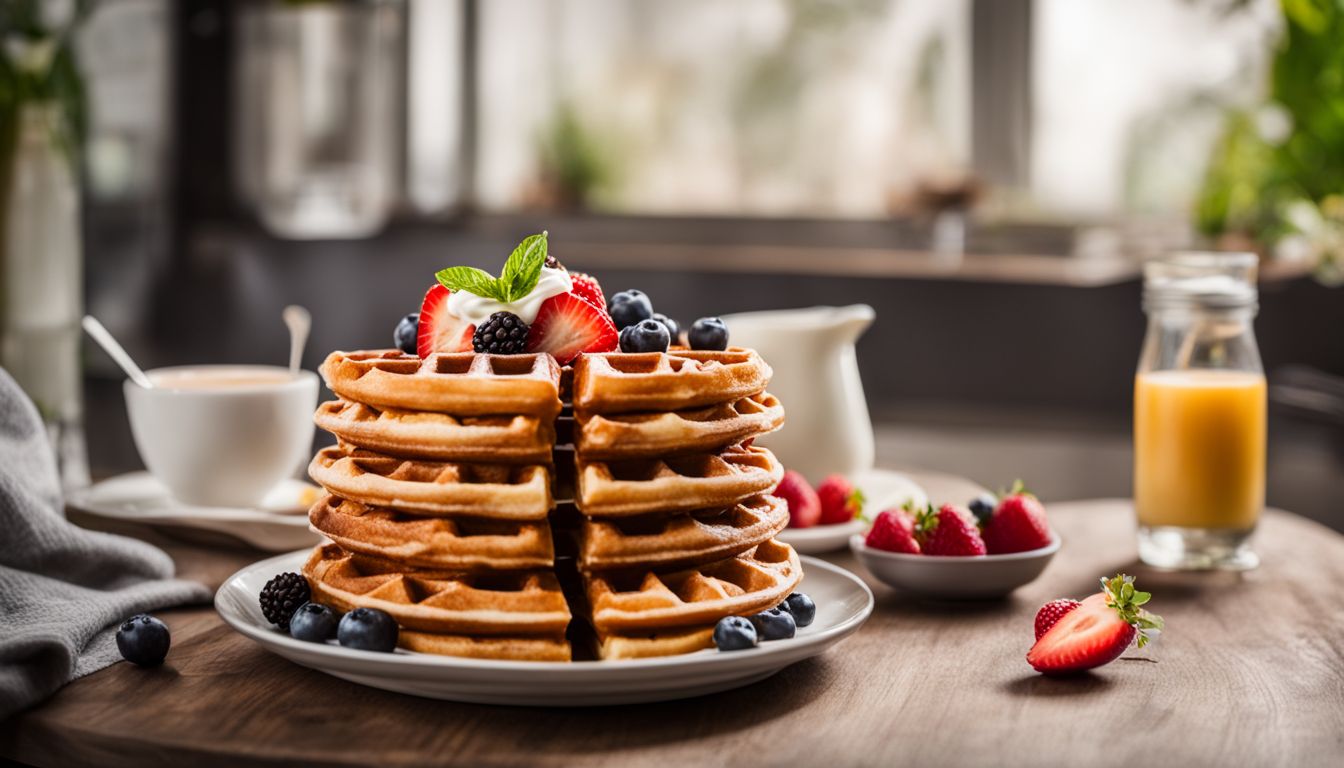 A stack of waffles with milk substitutes and fresh fruit toppings.