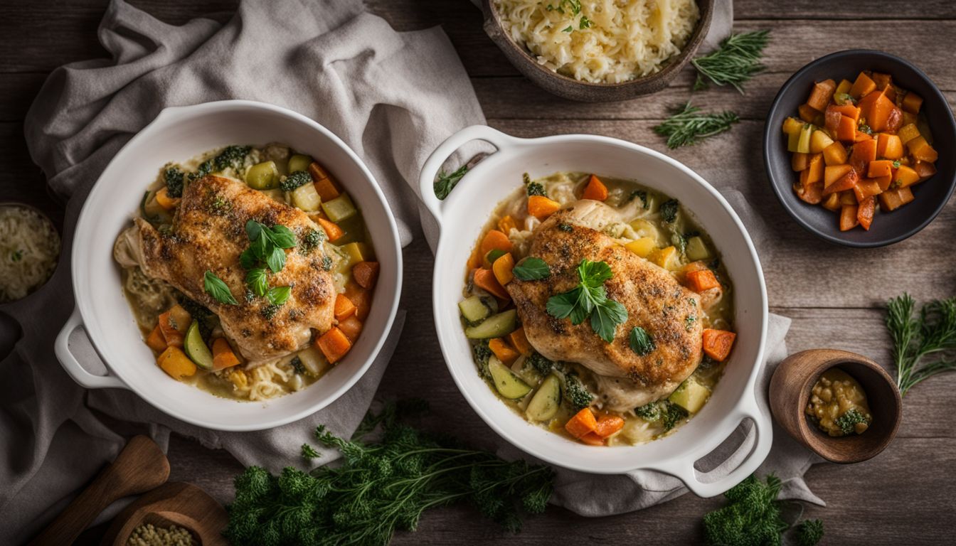 A dairy-free chicken casserole with colorful vegetables and herbs.